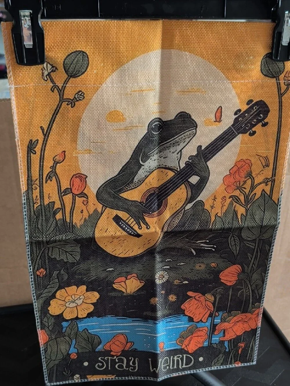 Stay Weird Frog with Guitar Wall Flag - Orange